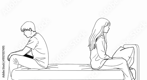 Two figures sit apart on a bed, facing away from each other