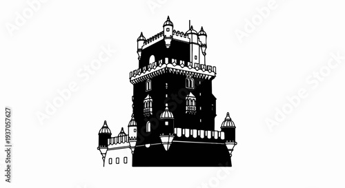 Detailed black and white illustration of a grand, multi-towered historical fortress