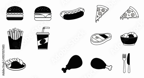 Collection of fast food icons burgers, hot dogs, pizza, fries, soda, steak, shrimp, chicken, and cutlery