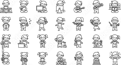 Set of cute children character icons doing various activities like reading, painting, playing music, studying, gardening, and science for educational school materials.