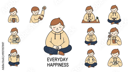 A collection of illustrations depicting a man enjoying everyday activities and finding happiness in simple moments.
