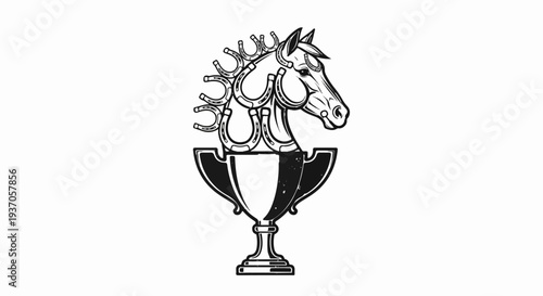 Horse head made of horseshoes atop a trophy