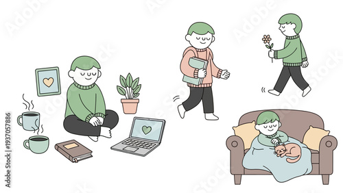 A collection of simple line drawings depicting a person in various everyday activities.