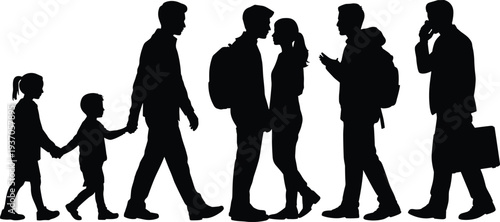 People life stages silhouette collection, children students adults and businessman walking and talking, human growth lifestyle illustration