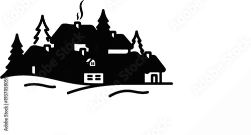 Black silhouette of a cozy winter cottage nestled among evergreen trees