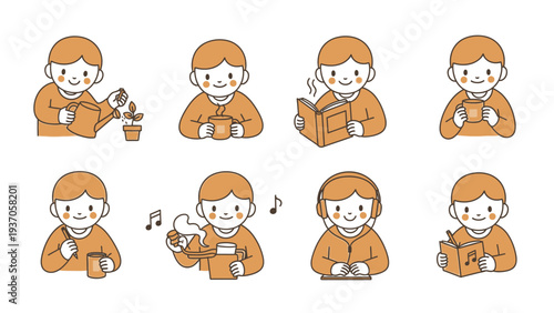 Collection of eight cartoon illustrations depicting various leisure activities and hobbies.