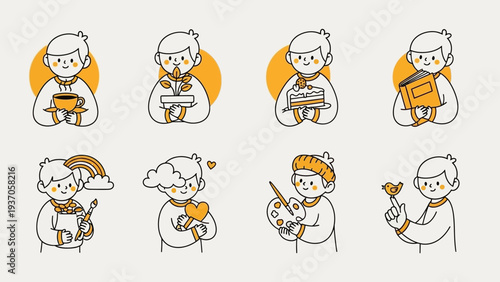 Collection of eight hand-drawn illustrations depicting various creative and intellectual pursuits.