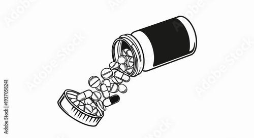 A spilled bottle of pills and capsules with its lid