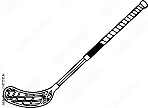 A simple line drawing of a sports stick with a netted head and a gripped handle