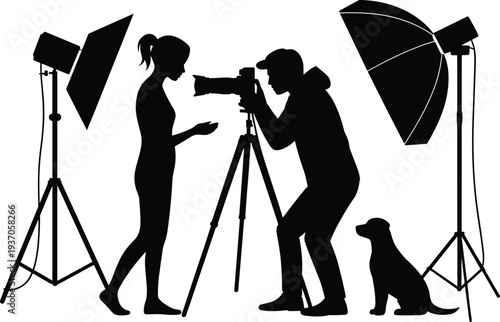 Photography studio photoshoot silhouette, photographer taking portrait of woman with camera tripod and lighting equipment professional photography concept