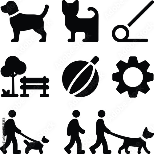 Pet care icons set silhouette, dog cat walking leash park bench ball gear animal service illustration collection