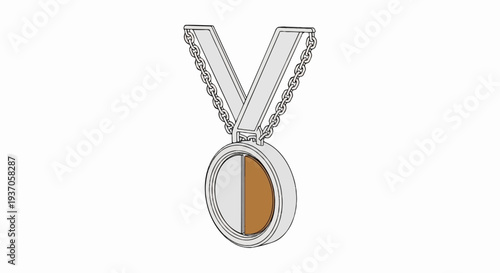 A silver medal with a ribbon and chain hangs against a white background