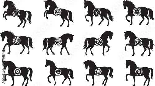 Black silhouette horses with circular patterns on their sides in various poses geometric animal