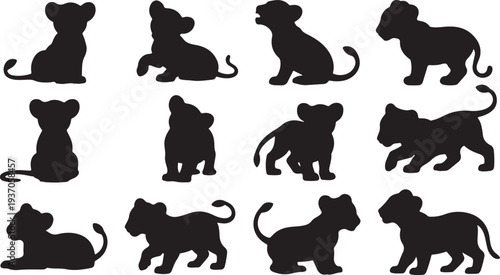 Black silhouette of lions and lion cubs in various poses on white background
