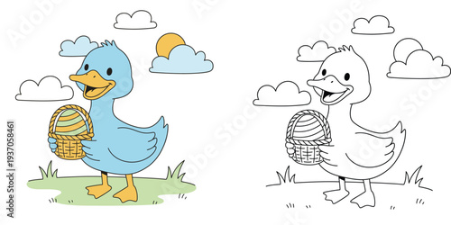 Cute cartoon blue duck holding an Easter egg basket. Coloring page for kids with colored example and black and white line art.