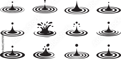 Black and white water drop splash with concentric circles ripple
