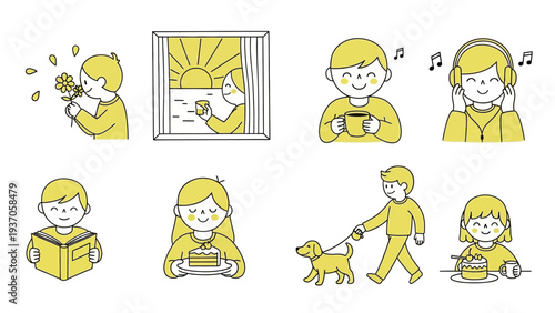 Collection of people enjoying various daily activities and hobbies in a cheerful manner.