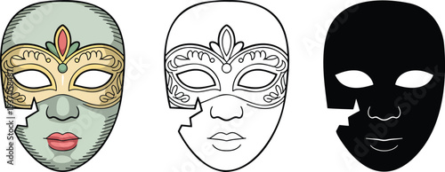 Carnival mask silhouette & Outline and illustration set isolated on transparent background