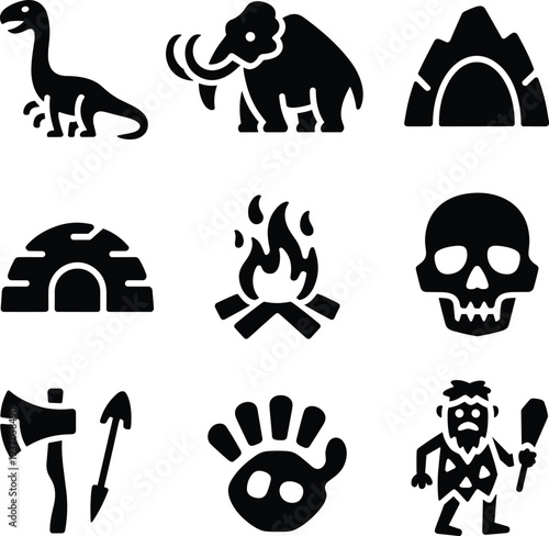 Prehistoric caveman tools dinosaur mammoth skull campfire cave igloo handprint primitive human character stone age silhouette icon set vector
