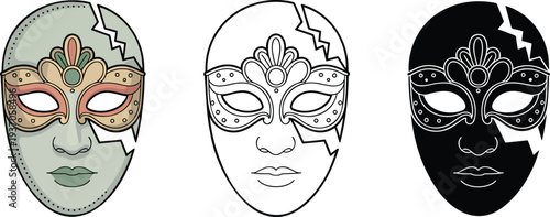 Carnival mask silhouette & Outline and illustration set isolated on transparent background