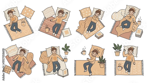 Collection of people sleeping and relaxing in various comfortable positions.