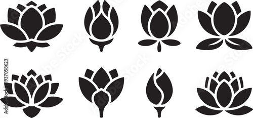 Eight black and white lotus flower in various styles silhouette
