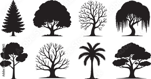 Eight black silhouettes of different tree types on white background