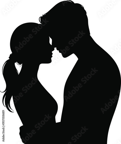 Romantic couple silhouette close embrace, man and woman intimate love moment, relationship affection romance illustration concept