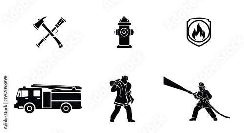 Firefighter day vector illustration set, flat design graphics for emergency service, scalable art