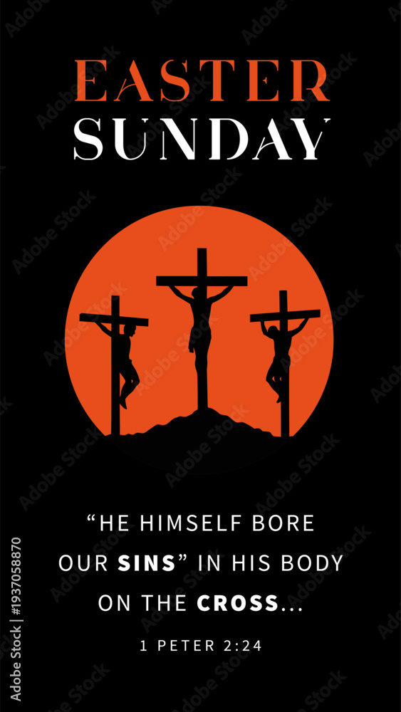 Obraz premium He himself bore our sins, Easter Sunday poster with three crosses on Calvary. Holy Week invitation design with crosses and Bible quote 1 Peter 2:24. Vector illustration