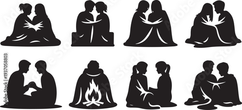 Silhouettes of couples sitting around a campfire in various poses embracing