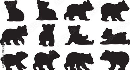 Silhouettes of bears in various poses on white background black animal