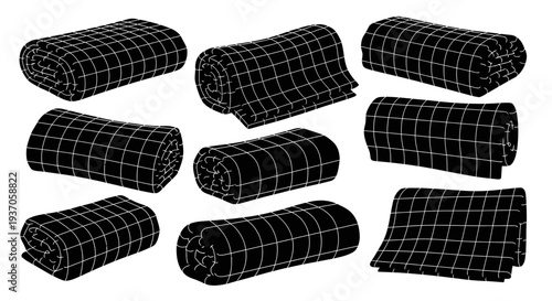 Rolled up black plaid fabric pieces on white background grid pattern texture design elements