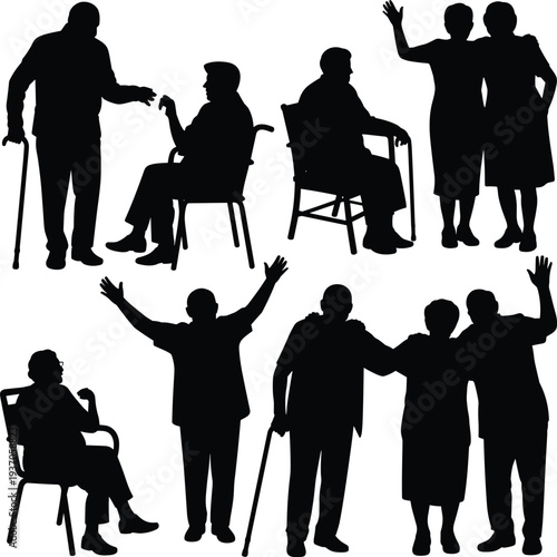 Senior people silhouette collection, elderly men and women with walking cane wheelchair, retirement lifestyle healthcare support illustration set