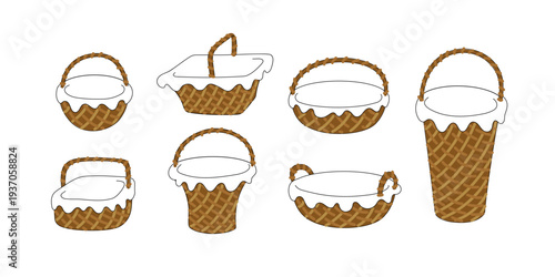 Set of hand drawn wicker Easter baskets in different shapes isolated on white background. Cute rustic containers perfect for holiday design, packaging, greeting cards and spring decorations.