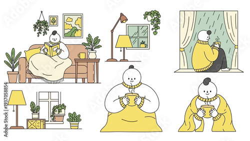 Cozy Character Enjoying Warm Beverages and Reading Indoors.