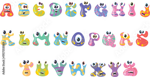 Cute monster alphabet with colorful patterns for kids design vector