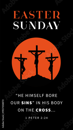 He himself bore our sins, Easter Sunday poster with three crosses on Calvary. Holy Week invitation design with crosses and Bible quote 1 Peter 2:24. Vector illustration