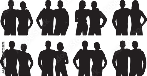 Silhouettes of Couples Standing Together in Various Poses on White Background