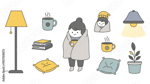 Cozy Comfort Collection - Hand-Drawn Illustrations of Warmth and Relaxation.