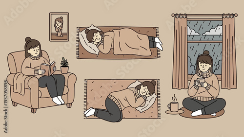 Cozy indoor activities during a rainy day, featuring a woman relaxing.