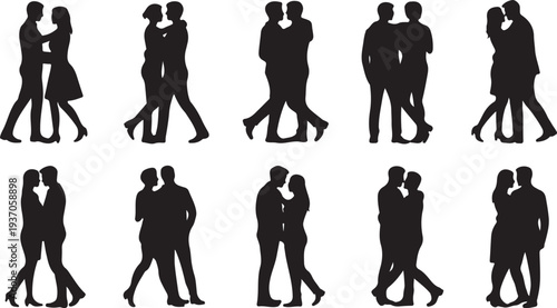 Silhouettes of Couples Walking and Embracing in Various Poses black
