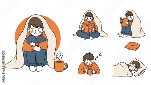 Cozy moments of a person under a blanket, reading, sleeping, and enjoying a hot drink.