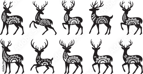 Ten black and white deer with intricate mandala patterns on their bodies