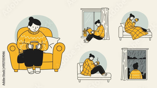 Cozy moments of a woman relaxing at home with a book and warm drink.