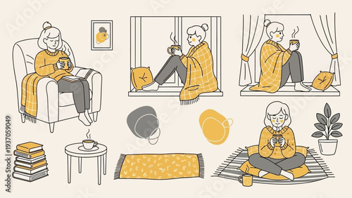 Cozy moments of a woman enjoying warm drinks and reading in various comfortable settings.