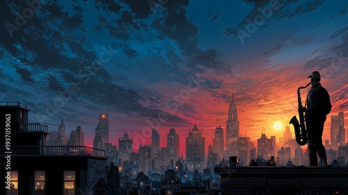 Skyline jazz performance in pastel