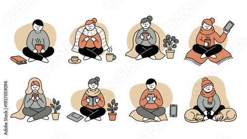 Cozy People Enjoying Hobbies Indoors with Warm Drinks and Books.