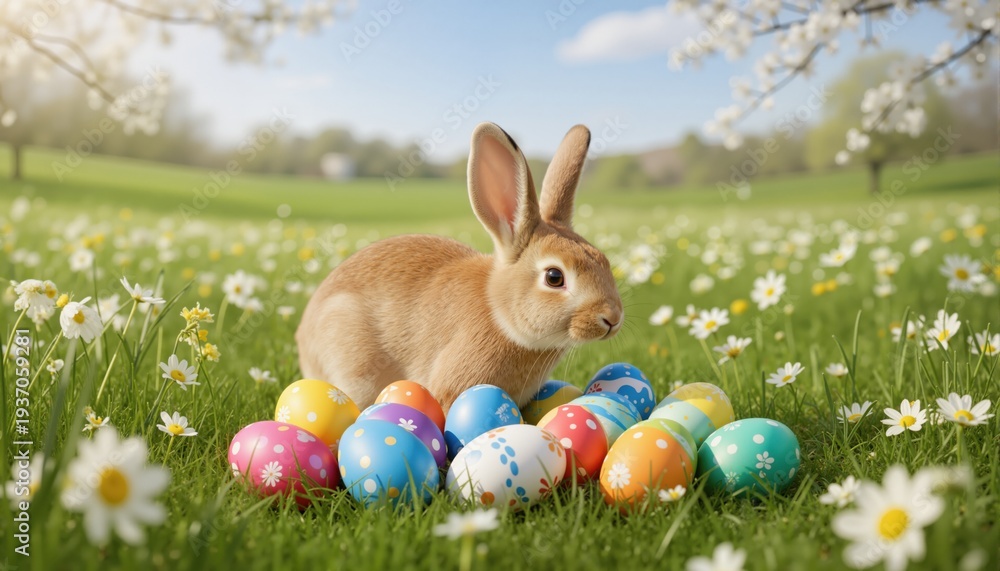 Fototapeta premium Curious rabbit exploring colorful easter eggs in lush spring meadow 