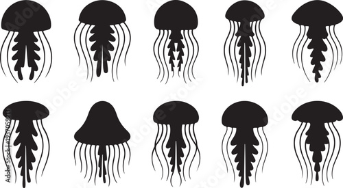 Ten black silhouette jellyfish with tentacles on white background